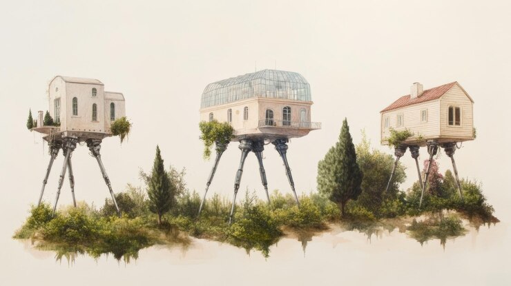 Foto casas elevadas futuristas con exuberante vegetación y arquitectura única