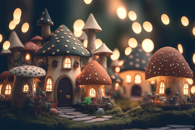 Casas élficas mágicas com cogumelos de conto de fadas e flores papel de parede do país das fadas para impressão bela pintura AI generative
