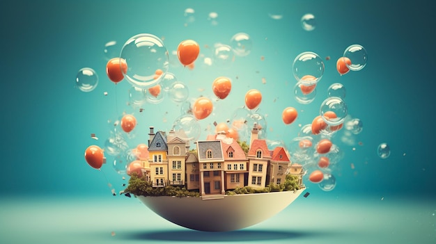 Casas em miniatura e balões Generative AI