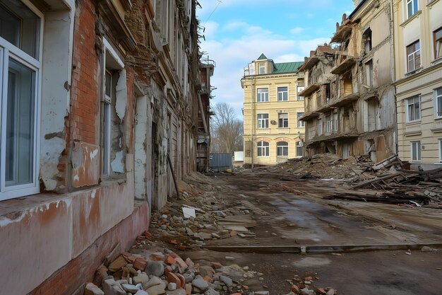 Casas em ruínas na rua depois da guerra