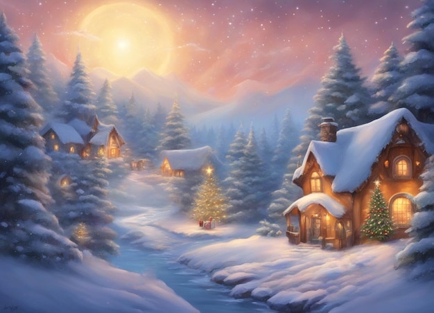 Casas em uma floresta coberta de neve cena de Natal com tema de Ano Novo