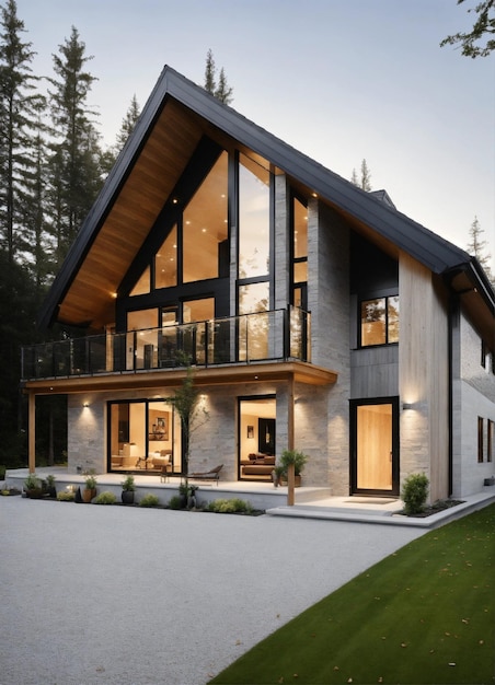 Casas escandinavas contemporâneas com telhado de gable, janelas de chão e teto fotorrealistas suaves