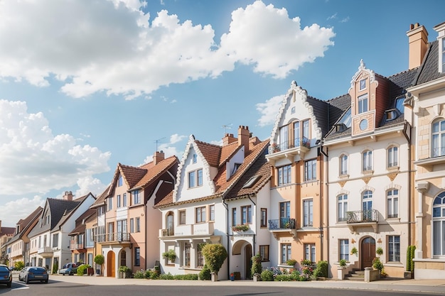 Casas de estilo europeo sobre un fondo de cielo blanco