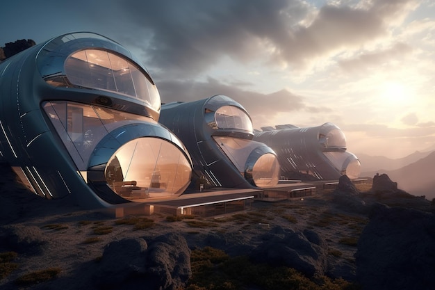 Casas futuristas de aparência futura Grandes cápsulas de construção na natureza ao ar livre arquitetura moderna Generative AI