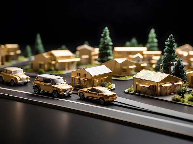 casas genéricas mínimas e rua com carros modelo de mini-cidade em material dourado brilhante isolado