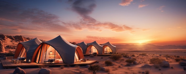 Casas de glamping en la naturaleza del desierto mágico con el perfecto colorido panorama de la luz del atardecer Generative Ai