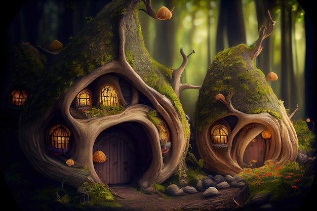 Casas de Hobbit de fantasía y hogar de cuento de hadas en el bosque mágico IA generativa