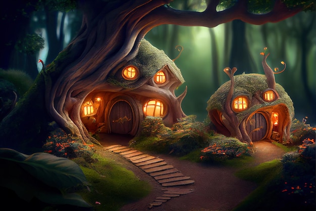 Casas Hobbit na floresta de fantasia generativa IA Luzes domésticas de conto de fadas