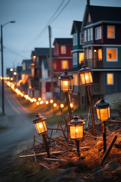 casas iluminadas HD 8K papel de parede Banco de Imagem Fotográfica