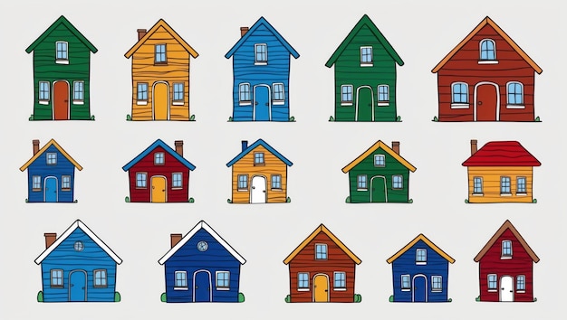 Casas ilustradas de colores que representan diversos estilos arquitectónicos