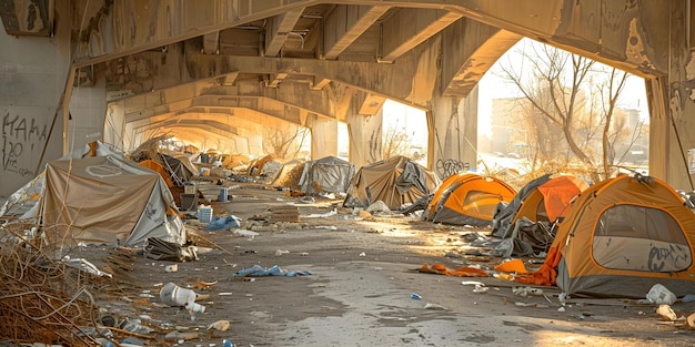 Casas improvisadas cobertas de telhas criam uma cidade de tendas sob a ponte da rodovia Conceito Pobreza Sem-abrigo Habitação urbana Sobrevivência Adversidade