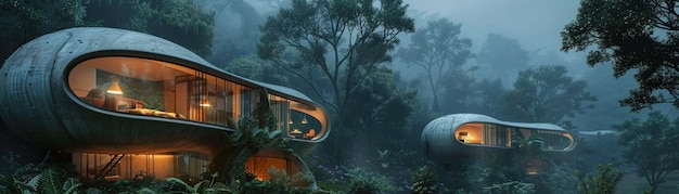 Casas innovadoras y ecológicas en forma de cápsula enclavadas en un bosque de niebla