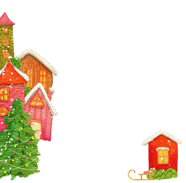 Foto casas de invierno árbol de navidad aislado sobre fondo blanco clipart ilustración artística en acuarela