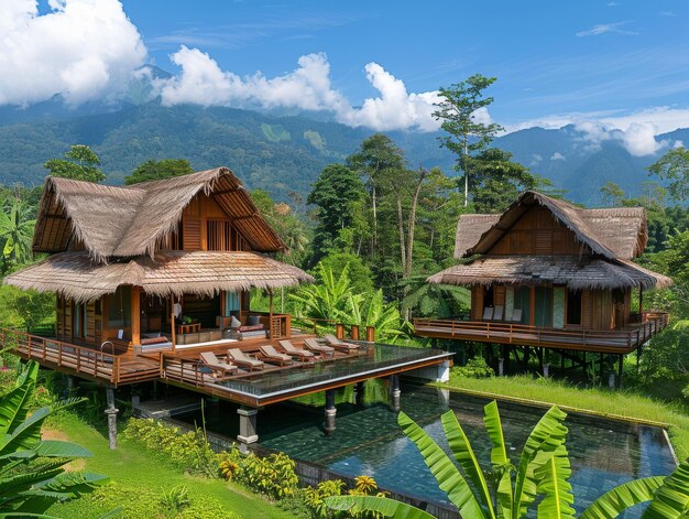 Las casas en la ladera verde exuberante