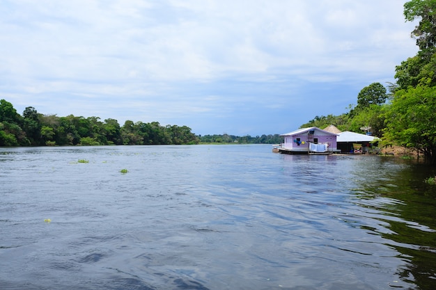 Casas a lo largo del río Amazonas. Región de humedales brasileños. Laguna navegable. Hito de América del Sur.