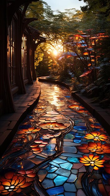 Foto casas de lujo en el bosque y un hermoso camino de vidrieras retroiluminadas en el lado que las conecta