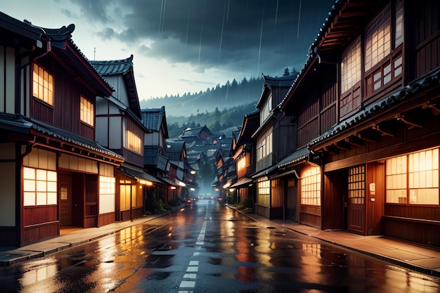 Casas de madera de estilo chino a ambos lados de las luces de la calle y está lloviendo en el cielo