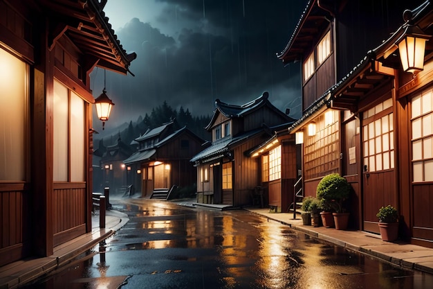 Casas de madera de estilo chino a ambos lados de las luces de la calle y está lloviendo en el cielo