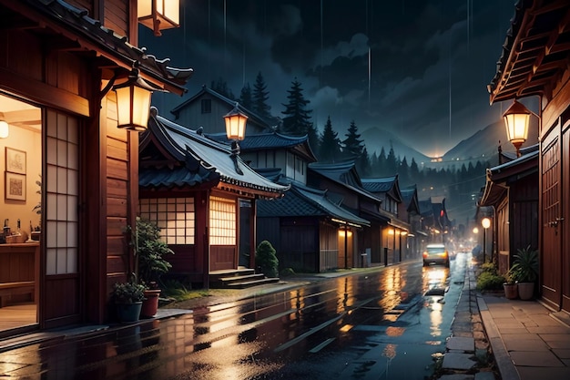 Casas de madera de estilo chino a ambos lados de las luces de la calle y está lloviendo en el cielo