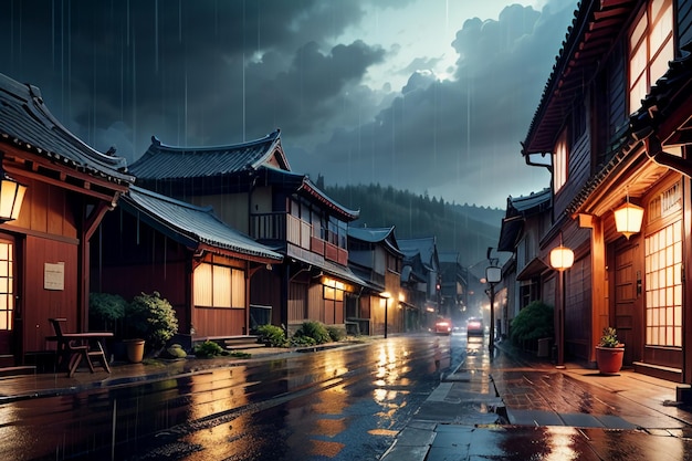 Casas de madera de estilo chino a ambos lados de las luces de la calle y está lloviendo en el cielo