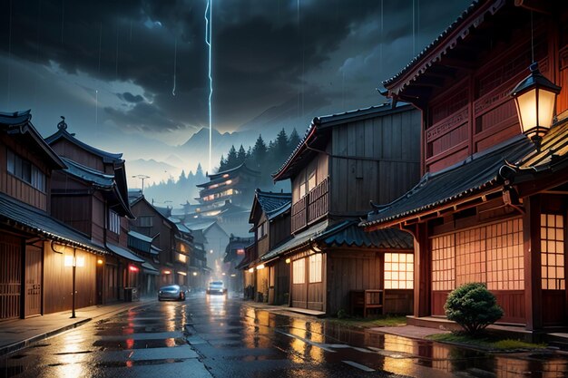 Casas de madera de estilo chino a ambos lados de las luces de la calle y está lloviendo en el cielo