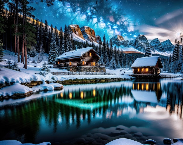 Casas de madera navideñas de la vía láctea en la noche