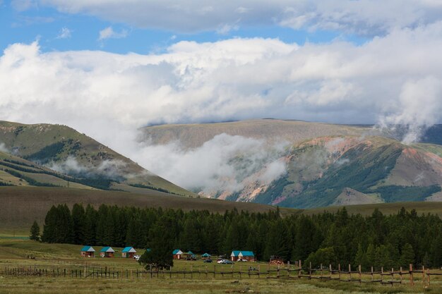 Casas de madera para turistas entre el paisaje forestal y las montañas