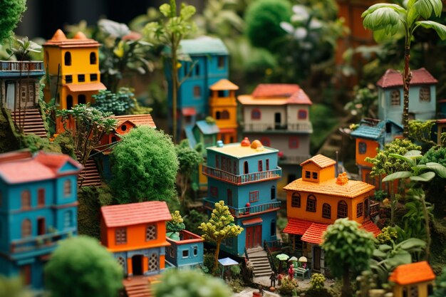 casas en miniatura coloridas en el fondo de la jungla en el estilo de la fotografía estereoscópica colorido