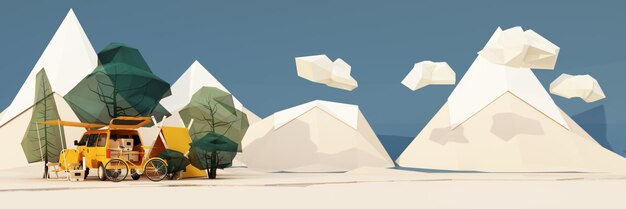 Foto casas móviles furgonetas y tiendas de campaña en el parque nacional bicicletas cubos de hielo guitarras y sillas y árboles con nubes y montañas en el fondo 3d render pantalla ancha