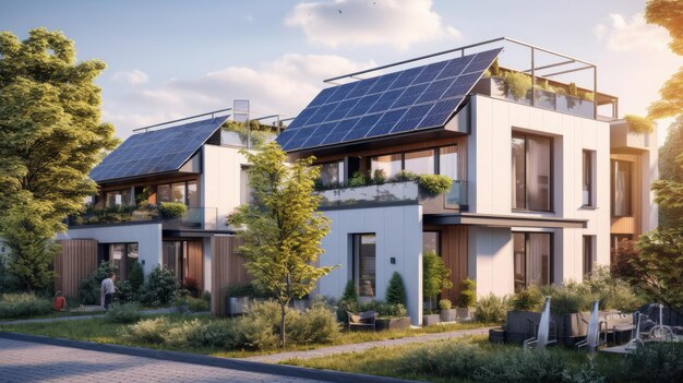 Foto casas multifamiliares modernas ecológicas con celdas fotovoltaicas