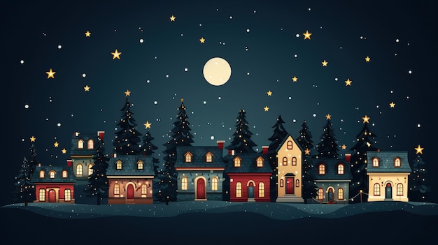 Casas de Navidad lindas en una fila Estandarte de Navidad Año Nuevo Ilustración acogedora de escenas de invierno en vintage