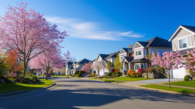 Casas no subúrbio com Spring Blossom na América do Norte Generative Ai