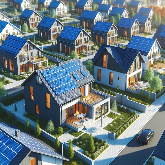 Casas de nueva construcción con paneles solares azules en el techo durante la primavera foto realista