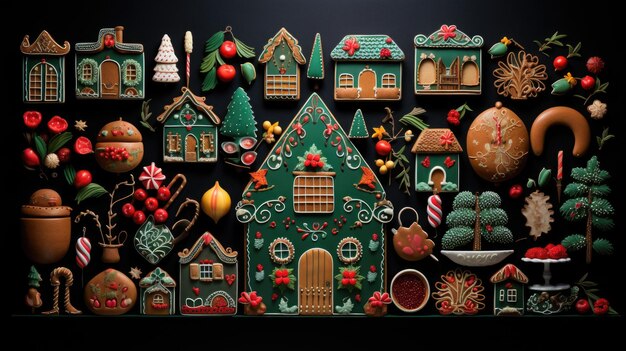 Foto casas de pan de jengibre caseras navidad y feliz año nuevo fondo vista superior de flatlay