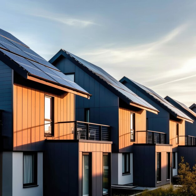 Casas con paneles solares en el techo bajo un cielo brillante Un primer plano con paneles solares Ai generativo