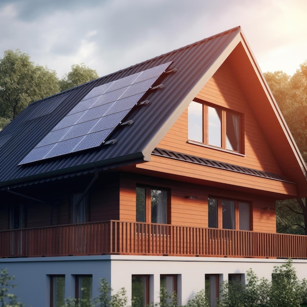 Casas con paneles solares en el techo bajo un cielo brillante Un primer plano con paneles solares Ai generativo