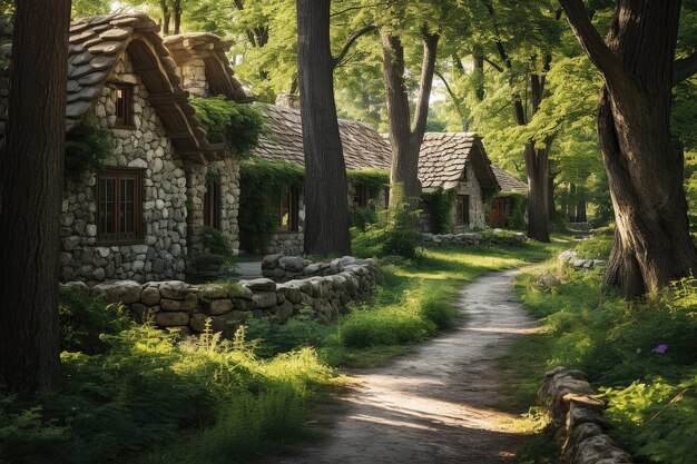 Casas de piedra rústicas en medio de bosques vibrantes