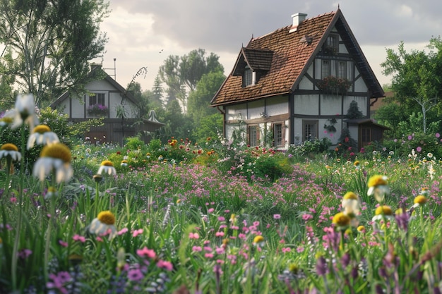 Casas pitorescas cercadas de flores silvestres