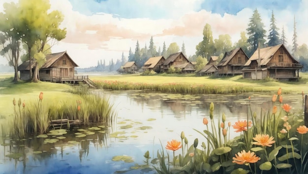 Casas pitorescas de madeira em uma pintura em aquarela de pântano