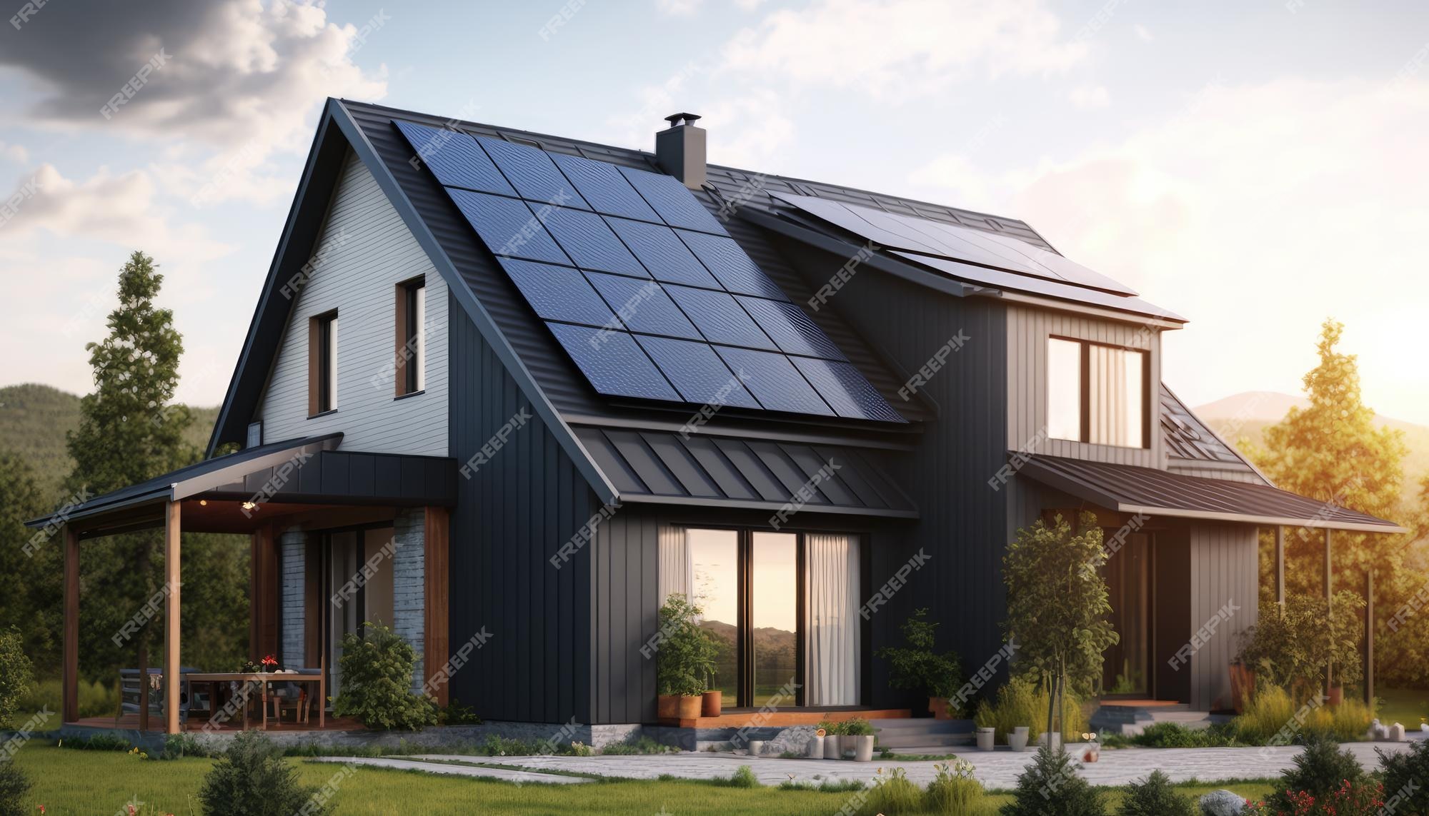 Casas recém-construídas com painéis solares escuros no telhado sob um céu  claro capturando um close da estrutura moderna generative ai