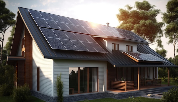 Casas recém-construídas com painéis solares escuros no telhado sob um céu claro capturando um close da estrutura moderna Generative AI