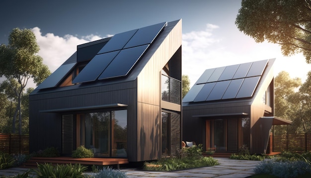 Casas recém-construídas com painéis solares escuros no telhado sob um céu claro capturando um close da estrutura moderna Generative AI