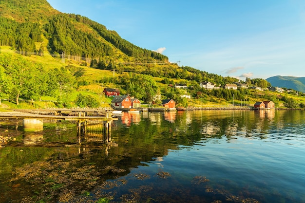 Foto casas rurais em fiordes noruegueses, paisagem verde, noruega, vila de rosendal.