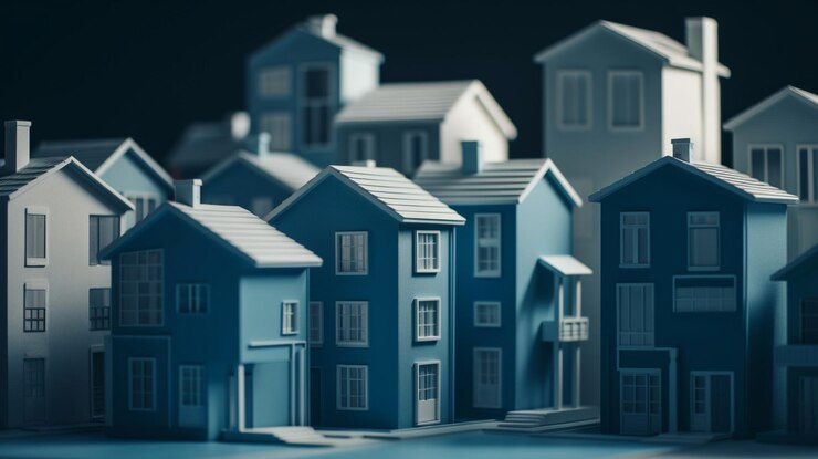 Casas sobre fondo azul ai generativo.