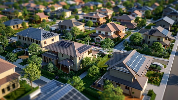 Casas suburbanas energéticamente eficientes con paneles solares Vista aérea del vecindario residencial