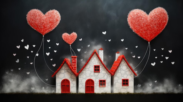 Casas con techos rojos y corazones contra un fondo parecido a una pizarra