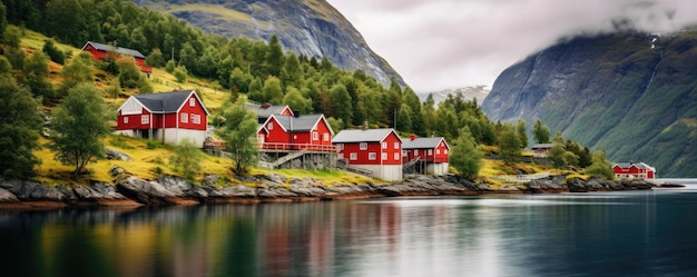 Casas tradicionales noruegas rojas en la naturaleza noruega con fiordos Generative ai