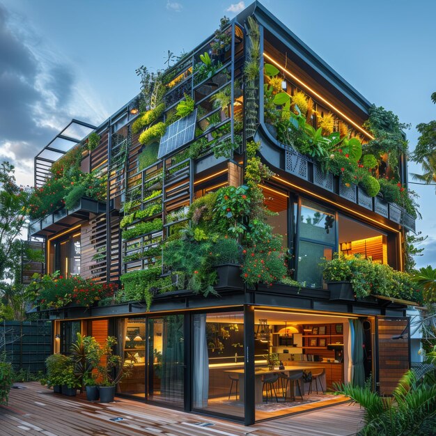 Casas urbanas modernas y sostenibles con características ecológicas