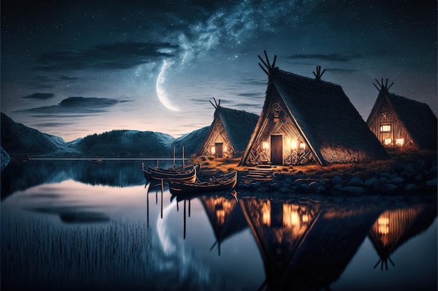 casas viking em uma paisagem viking por água com aurora boreal no escuro