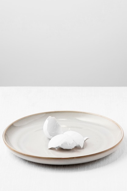 Casca de ovo clara de ângulo alto no prato